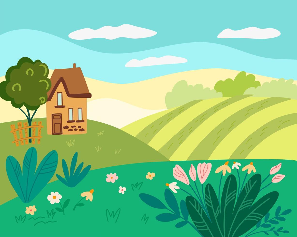 Frühlingslandschaft. schöne ländliche Landschaft mit einem Haus, Feldern und Blumen. Hintergrund für Banner, Grußkarten, Poster und Werbung. Vektor-Cartoon-Illustration. vektor