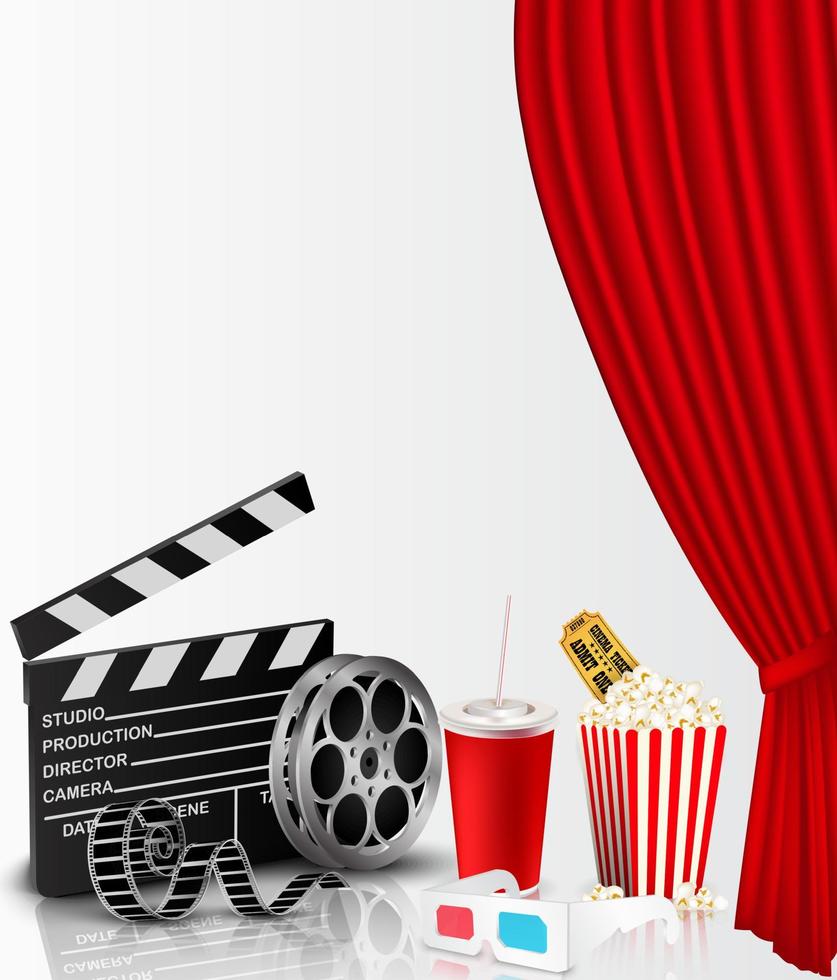 röd gardin och filmobjekt med popcorn, läsk, biljett och glasögon vektor