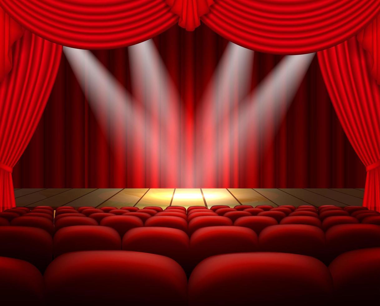 en teaterscen med en röd ridå, sittplatser och en spotlight vektor