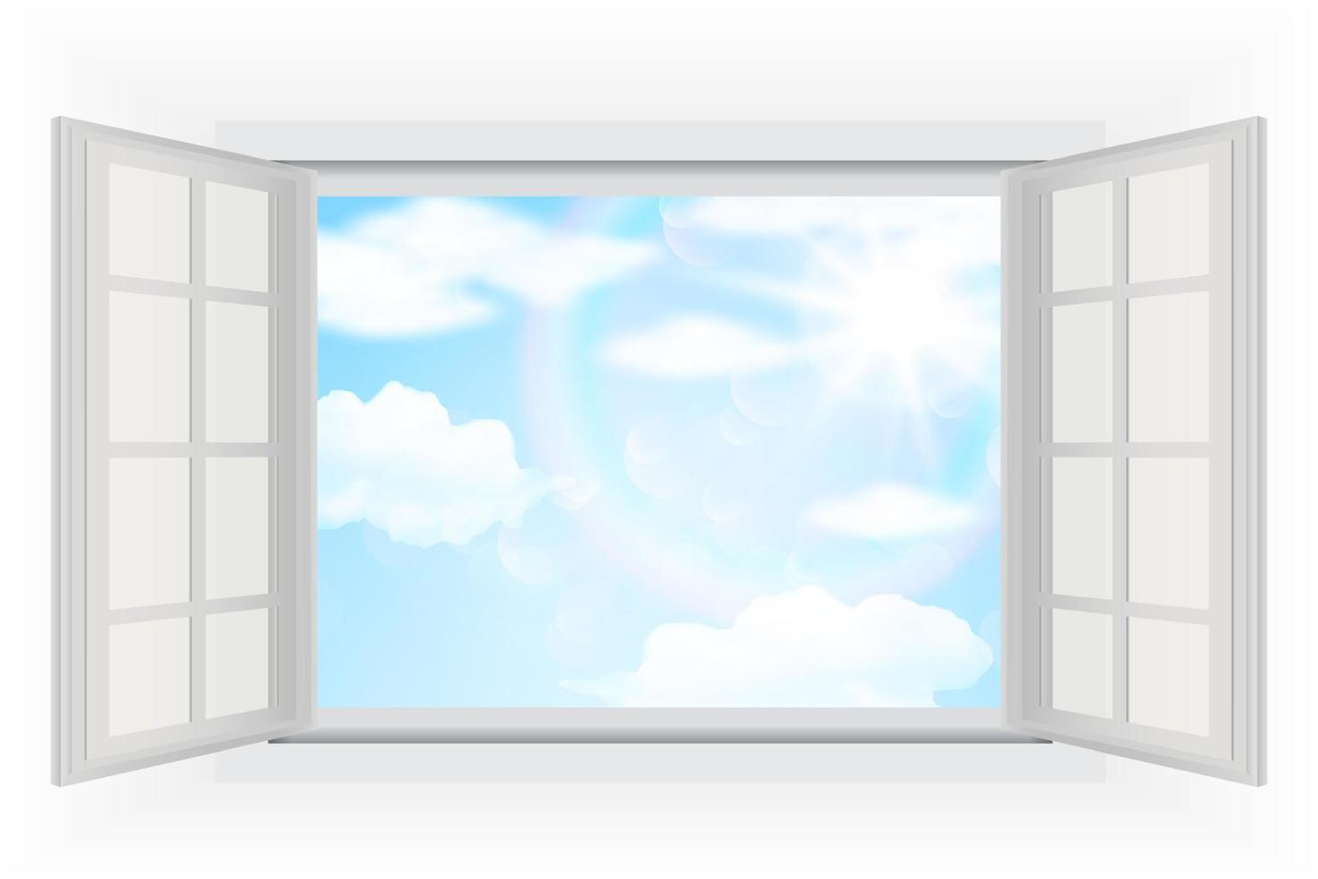 öppet fönster, med riktigt starkt solljus, moln och blå himmel. vektor illustrationer