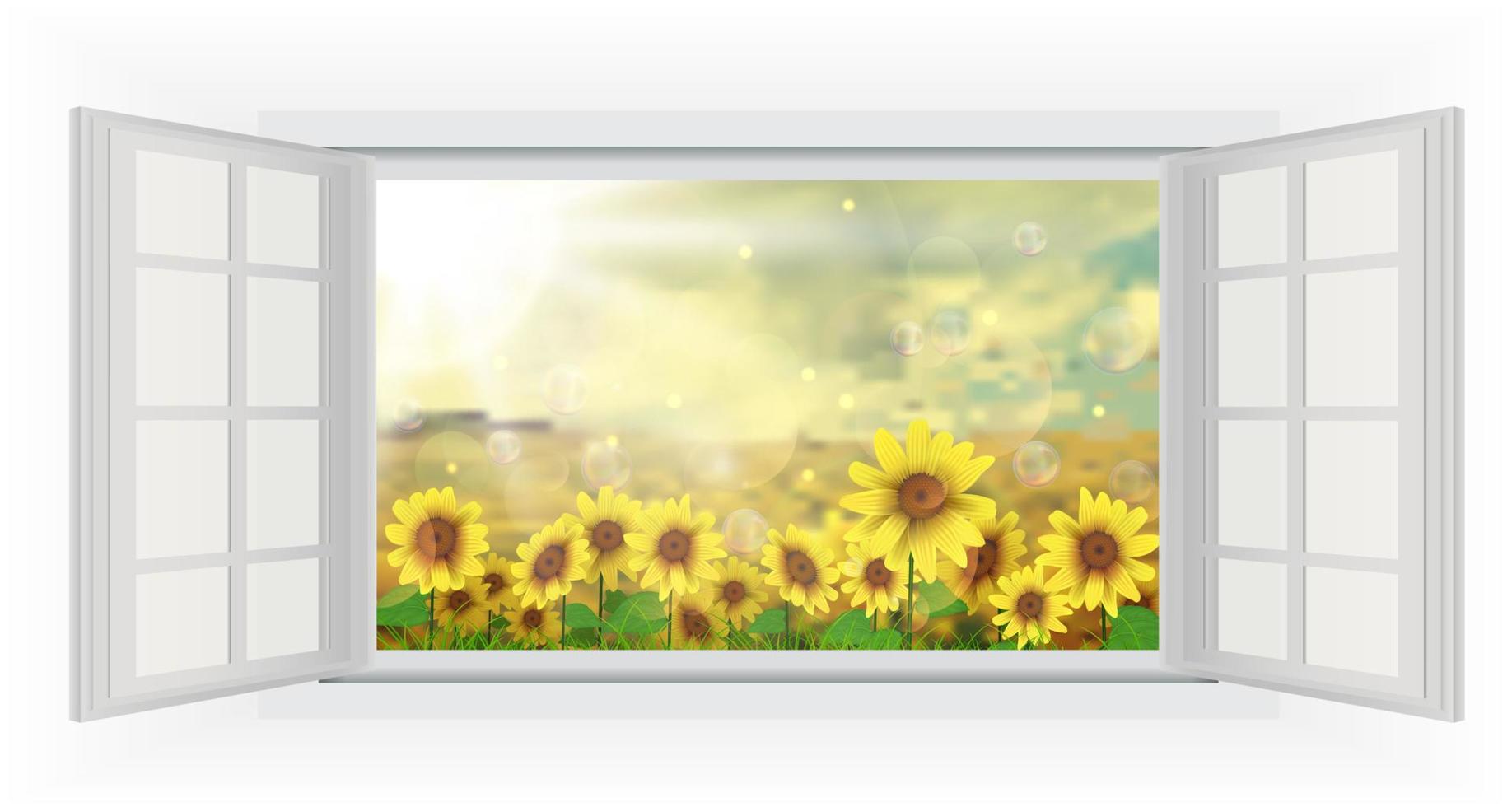 Schöner Sommer mit Sonnenblumen mit Blick auf das geöffnete Fenster vektor