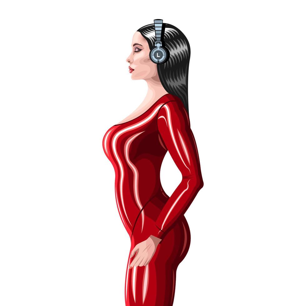 DJ kvinna i röd latex kostym isolerad vit bakgrund vektor