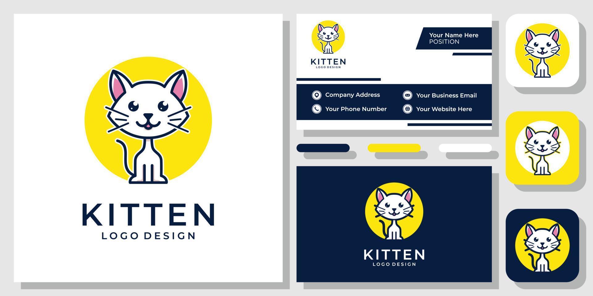 kattunge söt tecknad katt husdjur roliga djur valp ikon modern logotyp design med visitkortsmall vektor