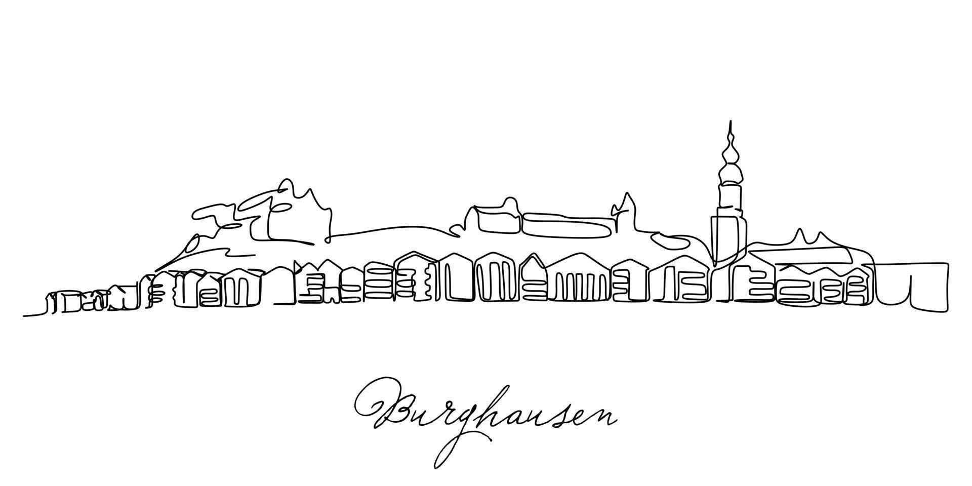 enda kontinuerlig linjeritning av staden Burghausen, Tyskland. berömda staden skyskrapa landskap. världsresor hem vägg dekor konst affisch print koncept. moderna en rad rita design vektorillustration vektor
