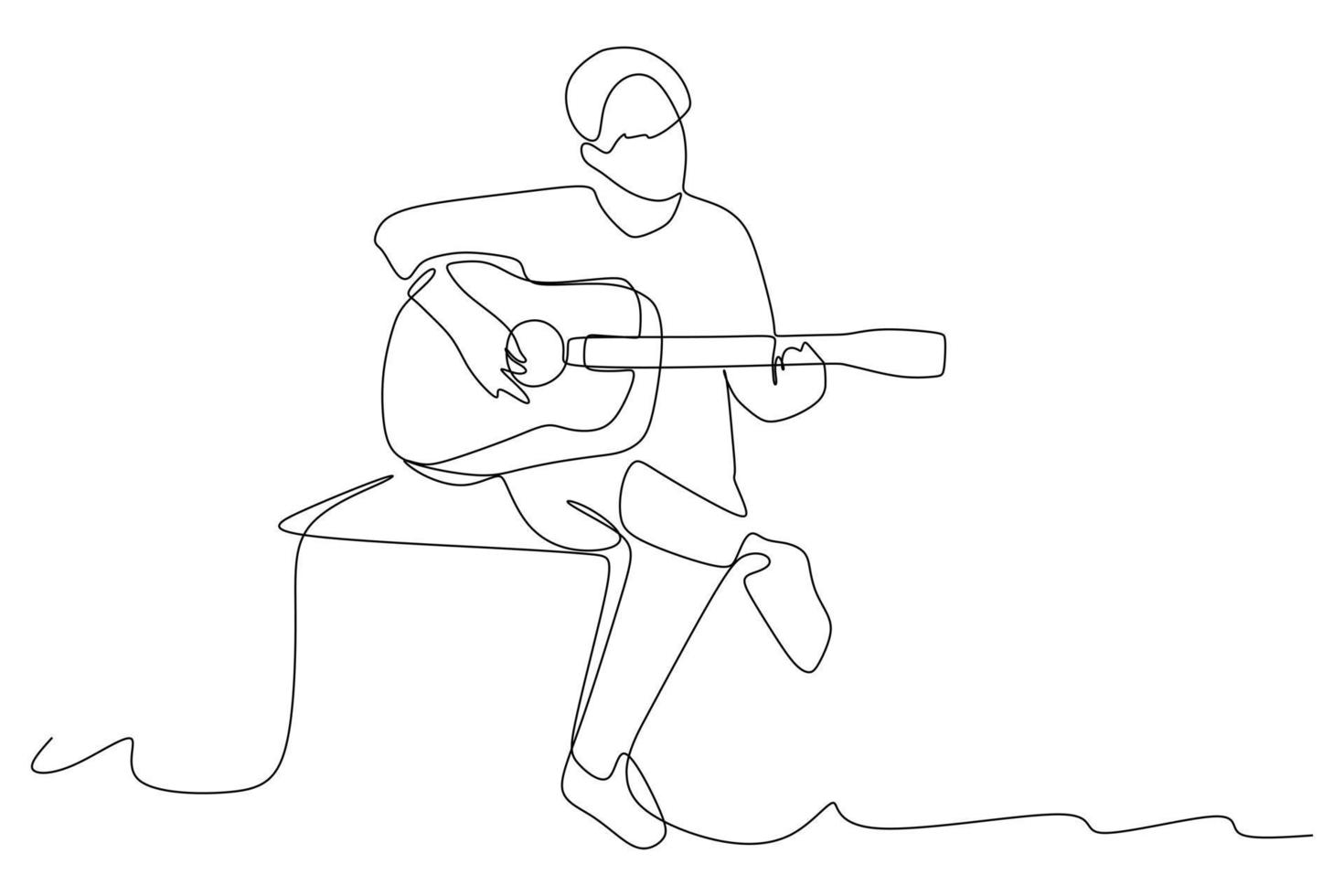 kontinuerlig linjeteckning av sittande gitarrist som spelar akustisk gitarr. dynamisk musiker konstnär prestanda koncept en rad grafisk rita design vektorillustration vektor