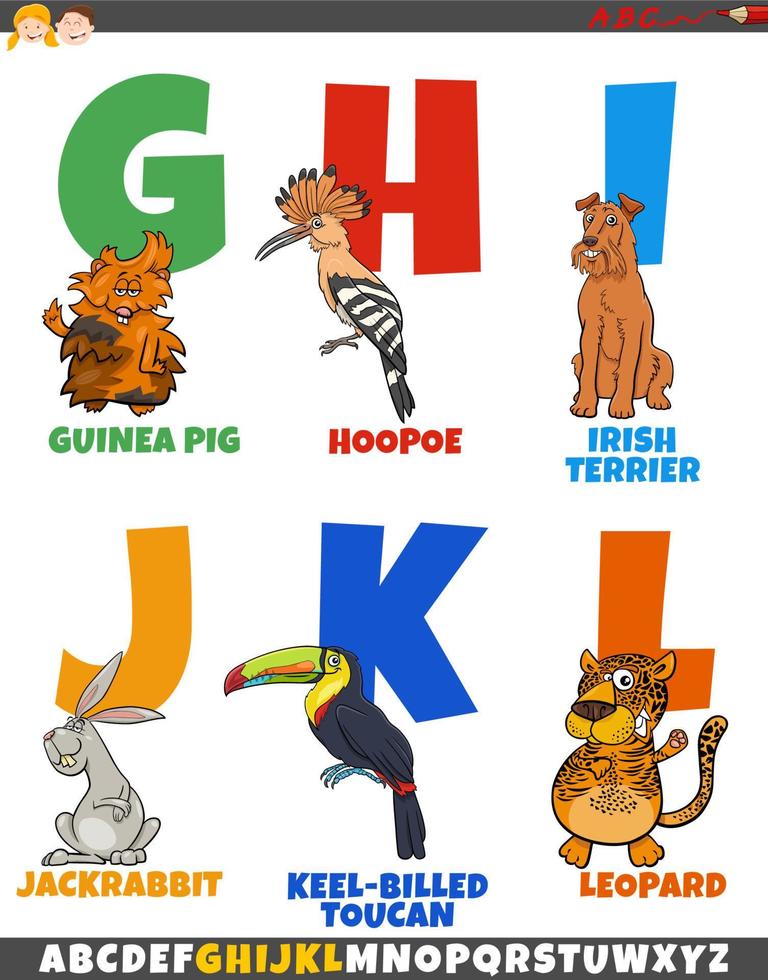 pädagogisches alphabet mit zeichentricktierfiguren vektor