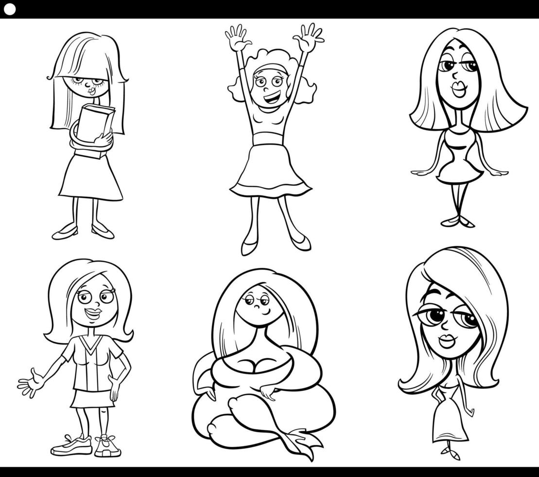 tecknade flickor och kvinnor komiska karaktärer set vektor