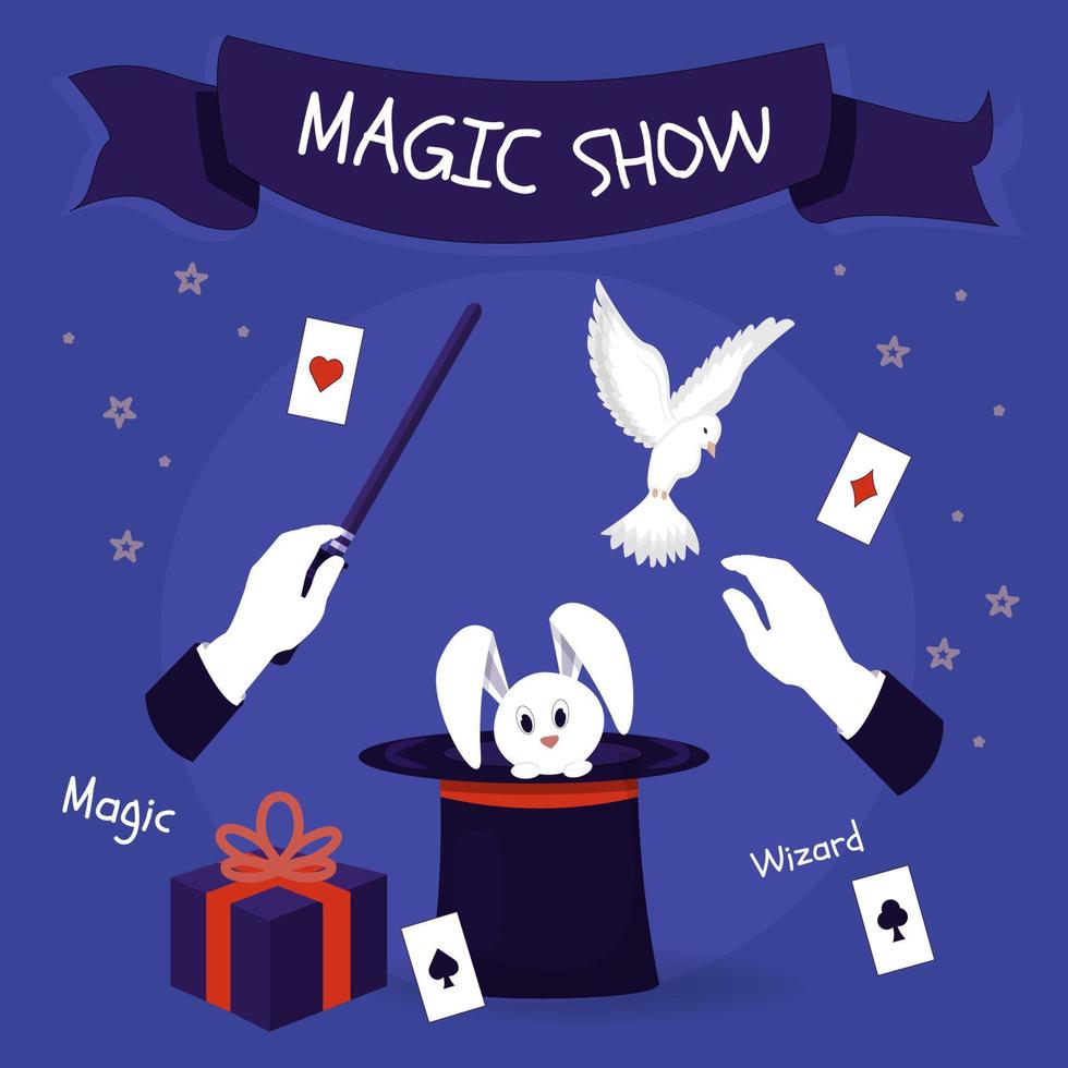 magisk show, föreställning med vit kanin, duva, duva, mysteriegåva, händer i handskar, kort. illusionist, trollkarlsunderhållning, evenemang. vektor