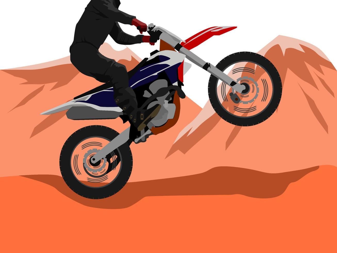 Vektor einer Person, die ein Dirtbike zwischen Felsenbergen fährt, im Wheelie-Stil