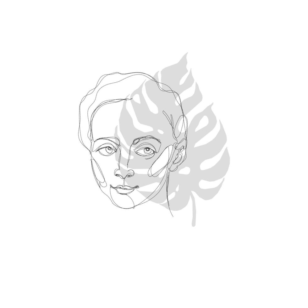bohemisk kvinna ansikte med monstera blad. vektor en rad svart kontinuerlig ritning. minimalistisk svart linjär skiss isolerad på vit bakgrund. contour enkel konst för logotyp, banner, blogg, heminredning