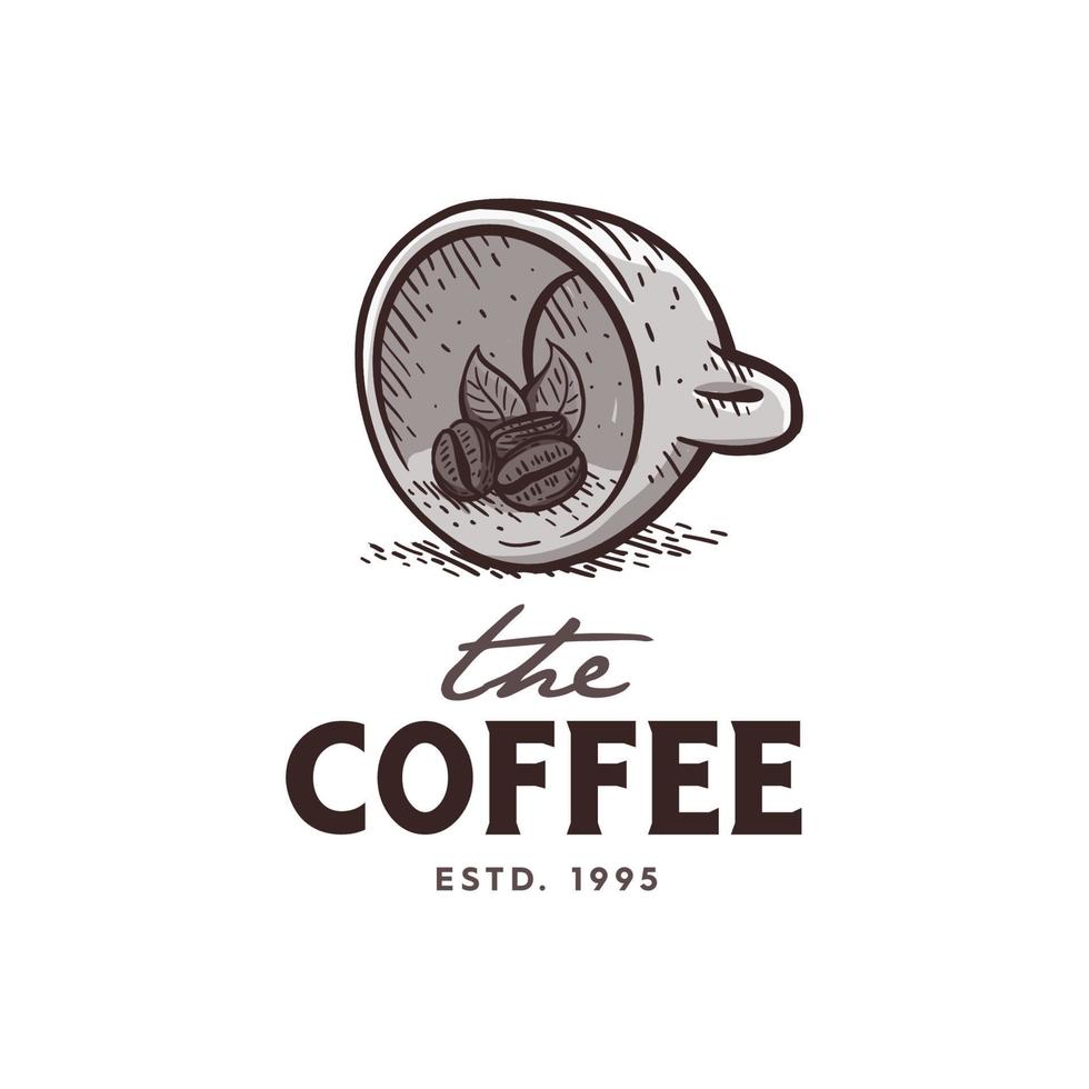 illustration des logo-designs von tasse und kaffeebohne, mit vintage-handzeichnungsstil vektor