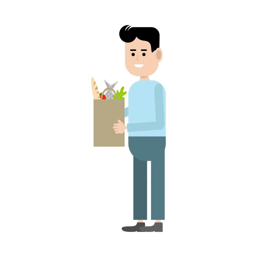 en man med en papperspåse.en man håller i en påse mat.maten görs på beställning.produkter för leverans.platt illustration.vektorbild vektor