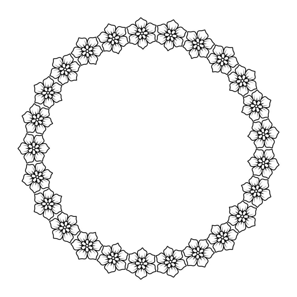 blomkrans. Blomramen är ritad i klotterstil. svartvit illustration isolerad på en vit bakgrund. för att göra inbjudningar och vykort. cirkel av element. vektor