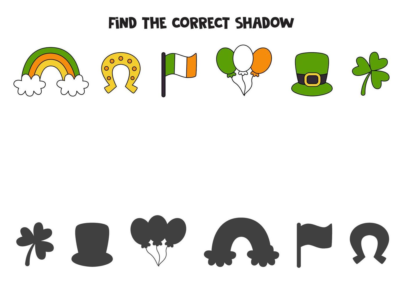 Finden Sie die richtigen Schatten von niedlichen Saint Patrick Day Symbolen. logisches Puzzle für Kinder. vektor
