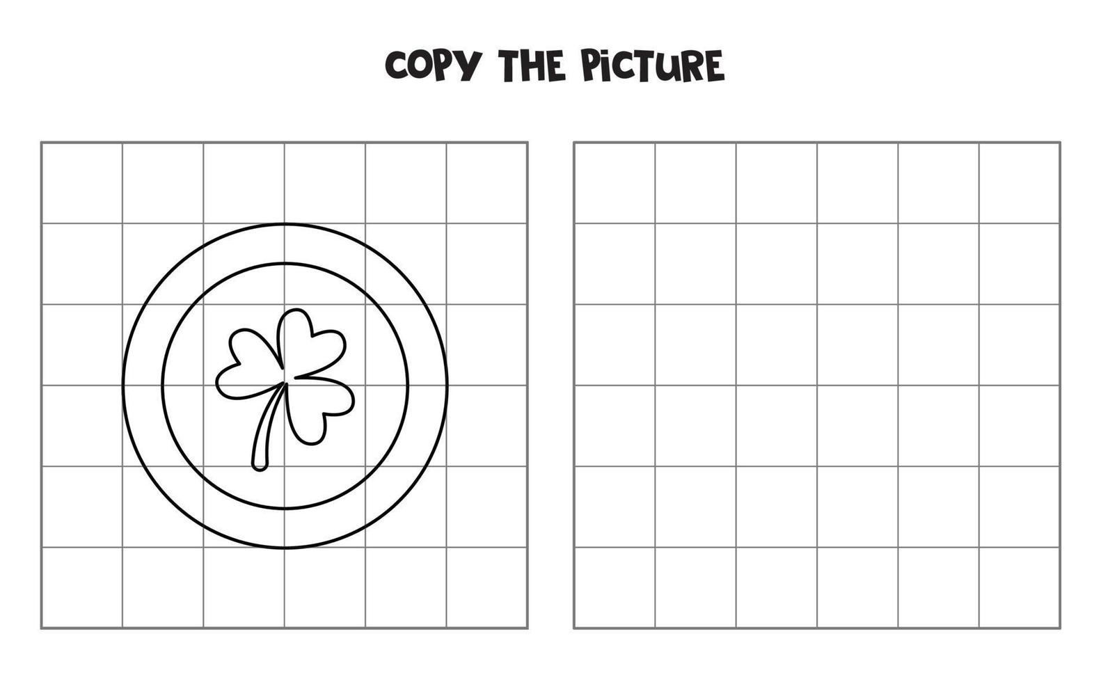 kopiera bilden av svartvitt shamrockmynt. logiskt spel för barn. vektor