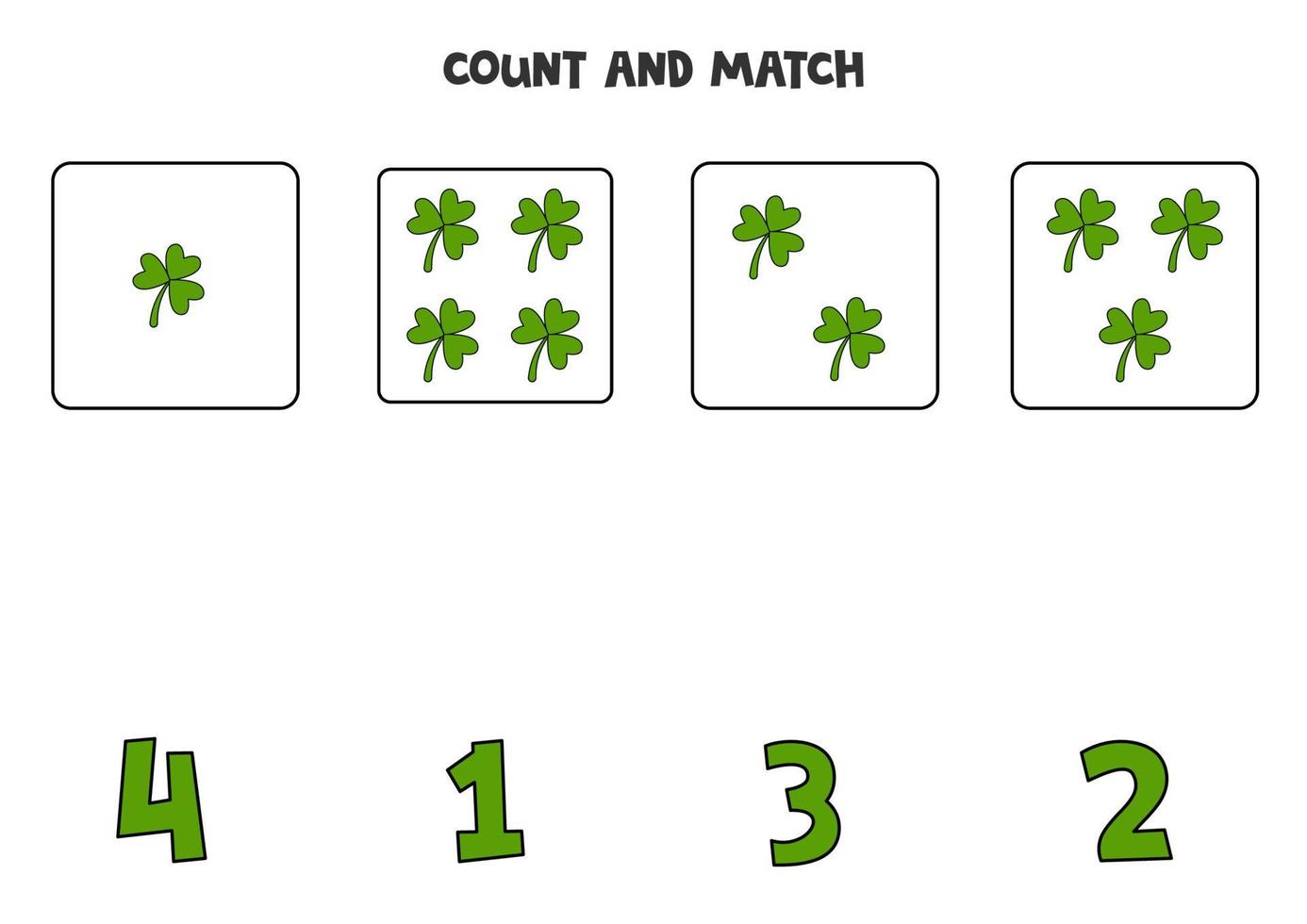 Zählspiel für Kinder. Zähle alle Kleeblätter und vergleiche sie mit der Zahl. Arbeitsblatt für Kinder. vektor
