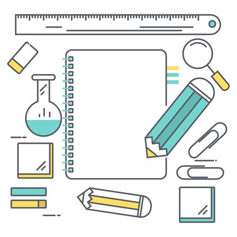 Linie Kunst Willkommen zurück zu Schulhintergrund. Bleistiftschrift auf leerem Notizbuch für Text. Vektor-Illustration. vektor