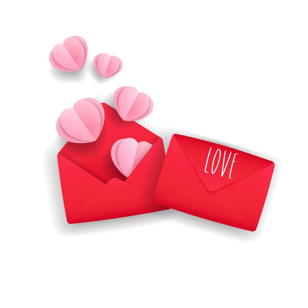 röda kuvert med hjärtan i en realistisk stil för alla hjärtans dag vektor