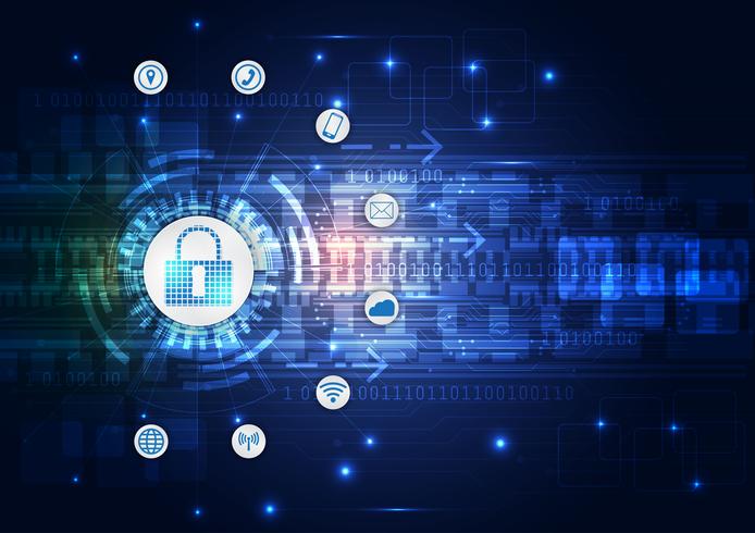 Säkerhetskoncept, Stängt hänglås på digital, cybersäkerhet, blå abstrakt höghastighets internetteknologi vektor bakgrunds illustration.