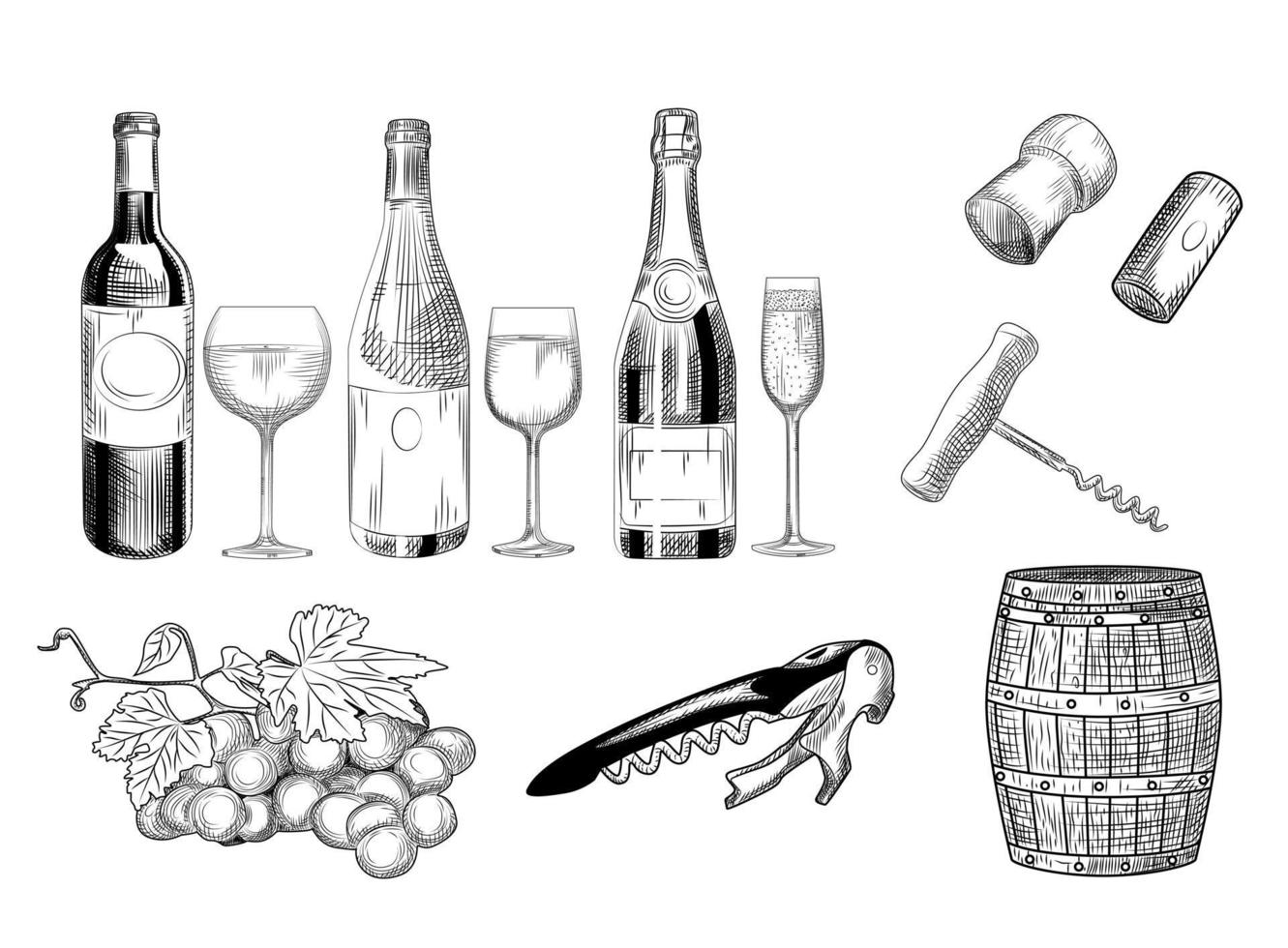 uppsättning vin. handritad av vinglas, flaska, fat, vinkork, korkskruv och vindruvor. vektor