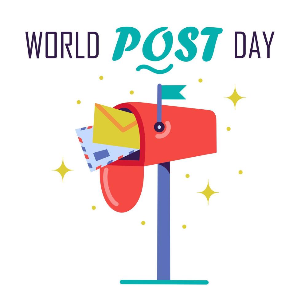 söt vektorillustration för att fira World Post Day. brev, kuvert, vykort inuti en röd postlåda. handritad illustration i platt stil. text med gratulationer från postarbetare. vektor