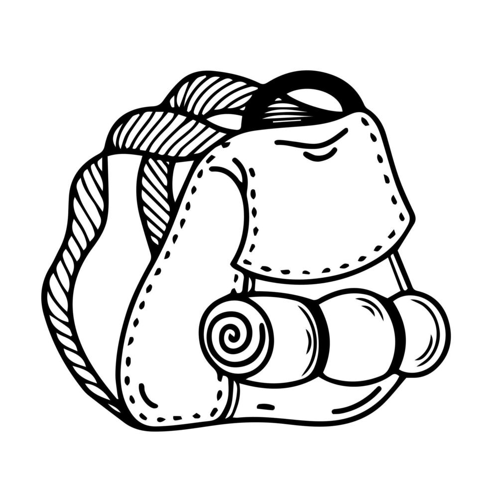vandring ryggsäck vektor ikon. handritad doodle isolerad på vit bakgrund. fylld åkpåse. skiss av en ryggsäck med remmar. ryggsäck med tält och handtag. monokrom illustration. linjekonst.