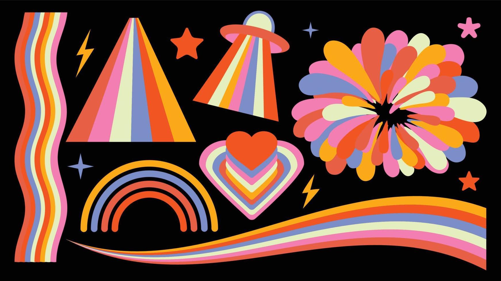 uppsättning hipster retro cool rainbow psykedeliska element. en samling groovy cliparts skimrande från 70-talet. abstrakt design av tecknade klistermärken. trend vektor illustration