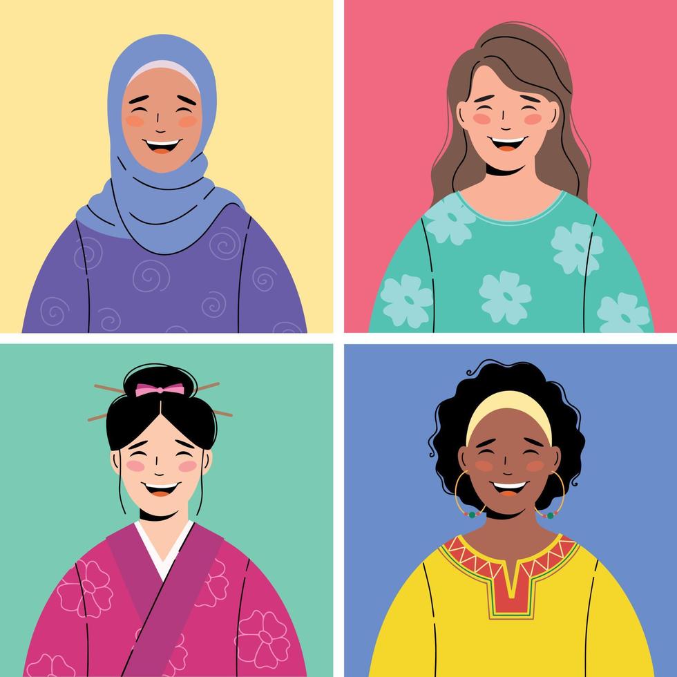 4 verschiedene schöne Avatar-Icons von glücklich lächelnden Frauen. Vielfalt der Rassen und Nationalitäten, multikulturelle, multiethnische Sammlung weiblicher Charaktere. vektor