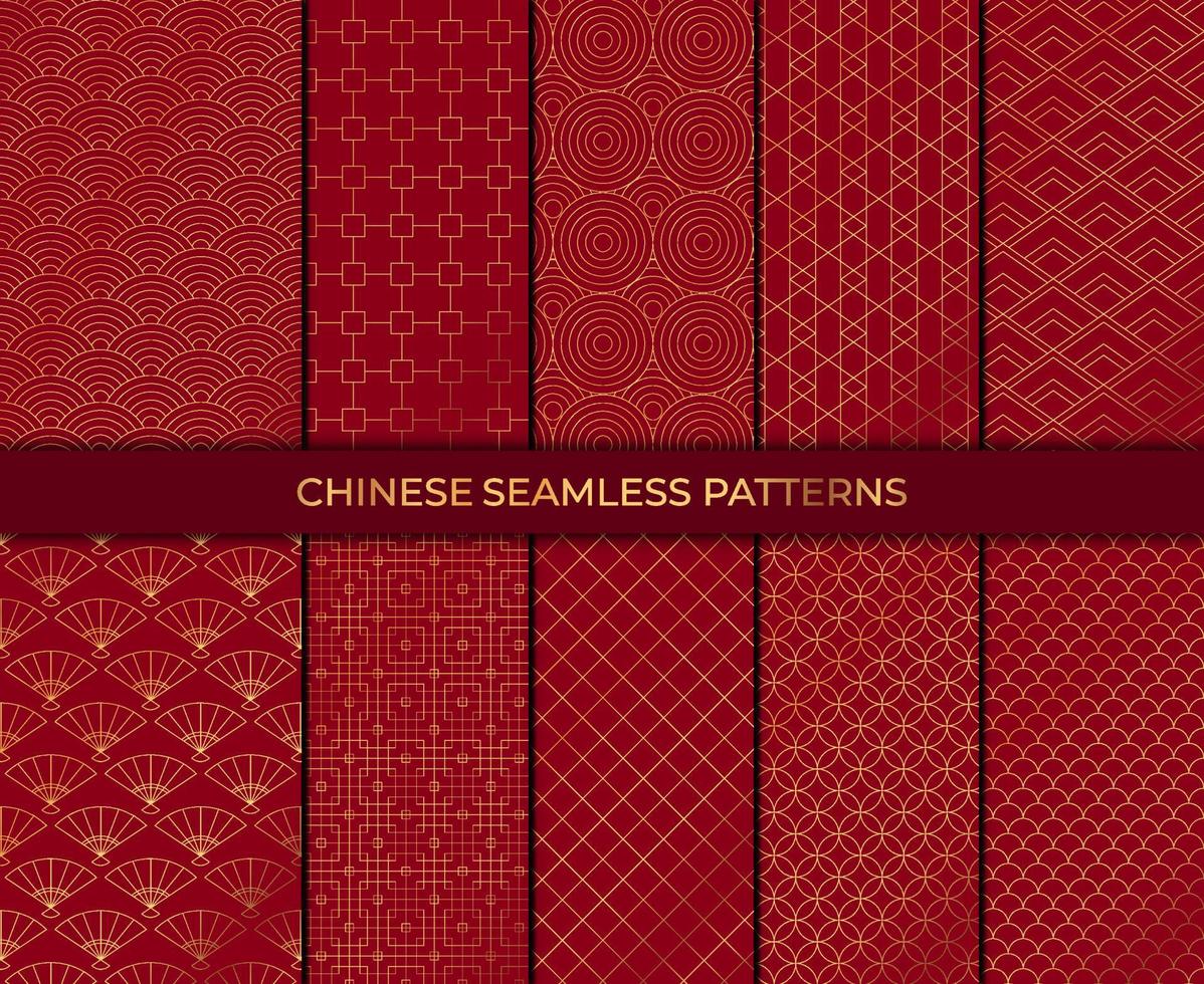 Set mit 10 Mustern im chinesischen Stil. Vektorsammlung asiatischer Hintergründe. chinesische nahtlose mustersammlung. dekorative Tapete. vektor