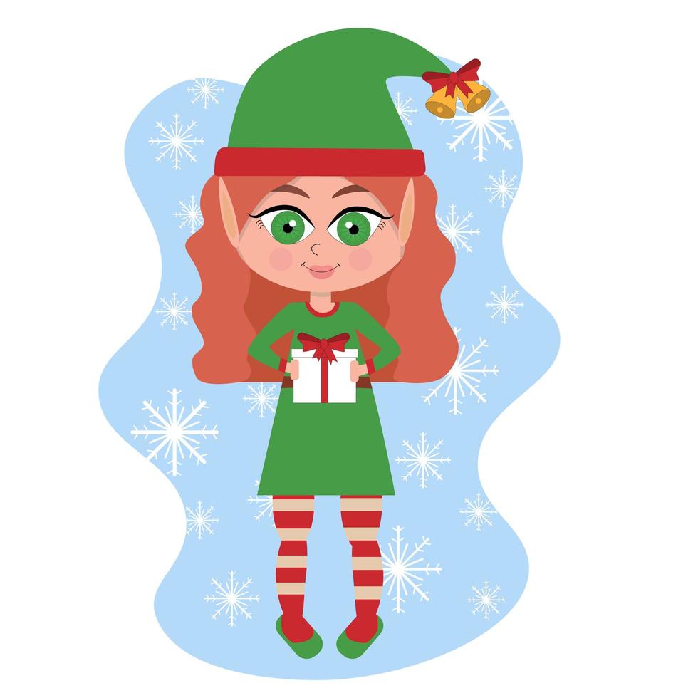 vacker söt liten santa elf flicka med present på en vit bakgrund. tecknad julillustration. vektor