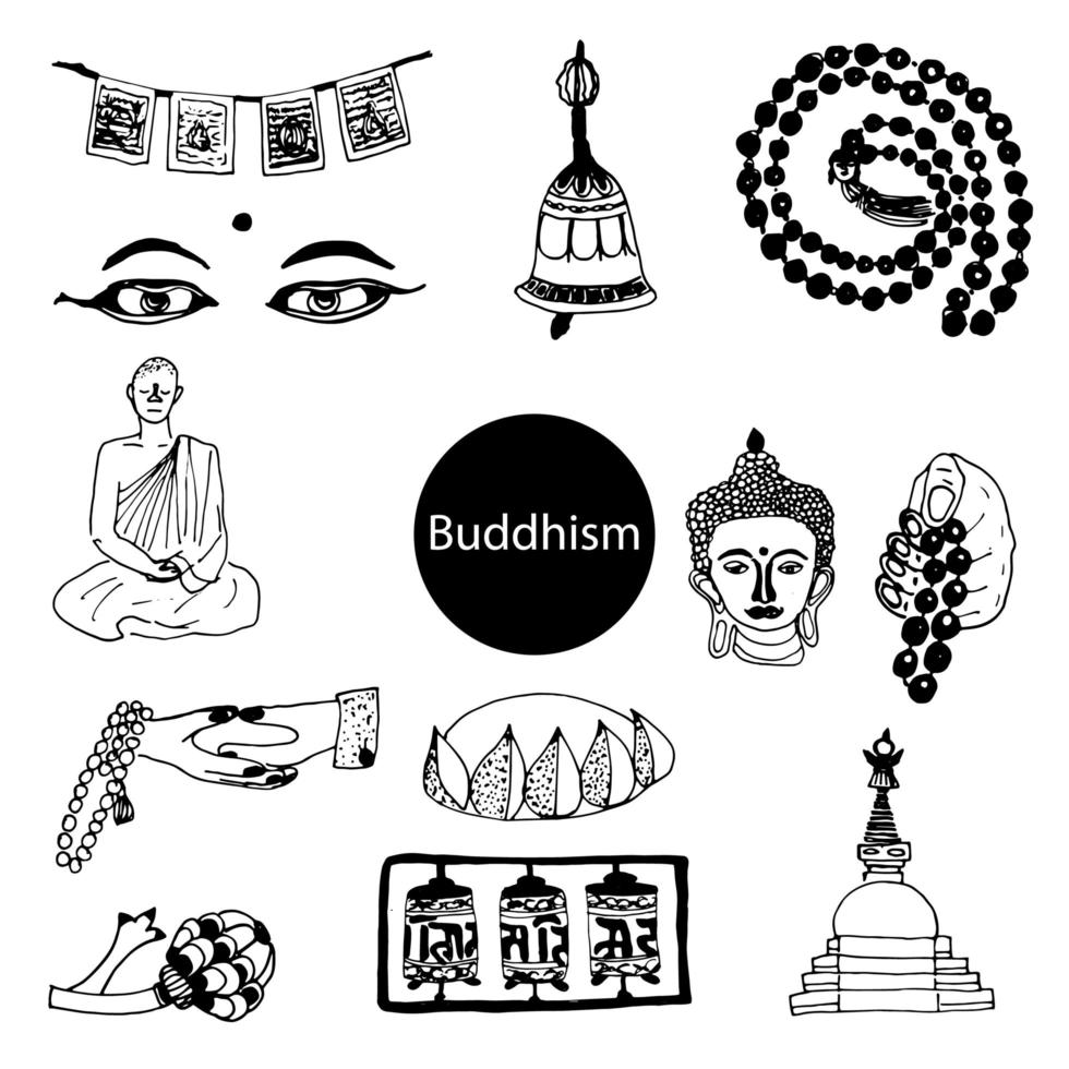 ein festgelegtes gekritzelthema des religionsbuddhismus vektor