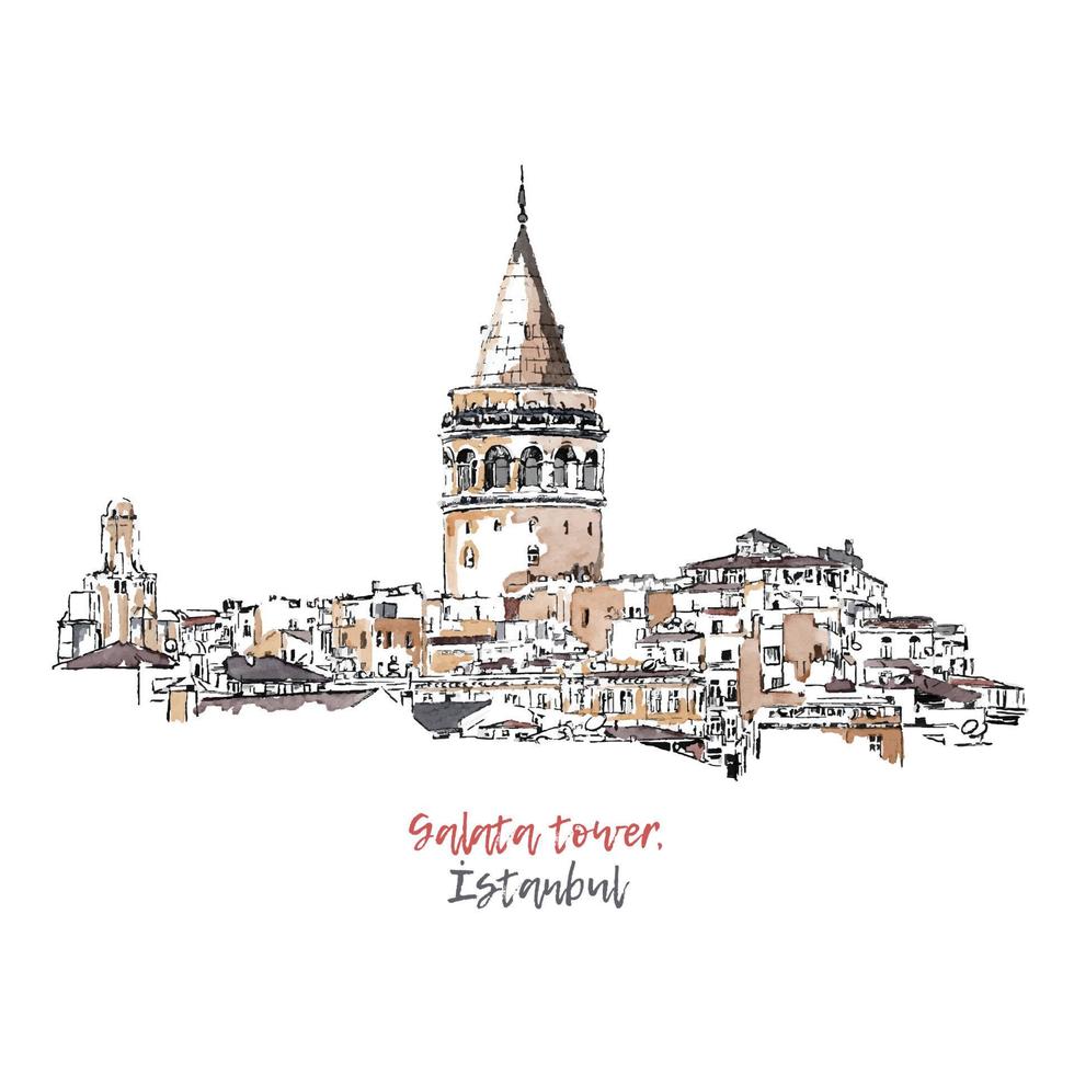 vektorskizzen-aquarellillustration mit dem galata-turm in istanbul, türkei. handgezeichnetes berühmtes türkisches wahrzeichen, türkische besichtigung. hand gezeichnete skizzenvektor-aquarellillustration. städtische skizze vektor