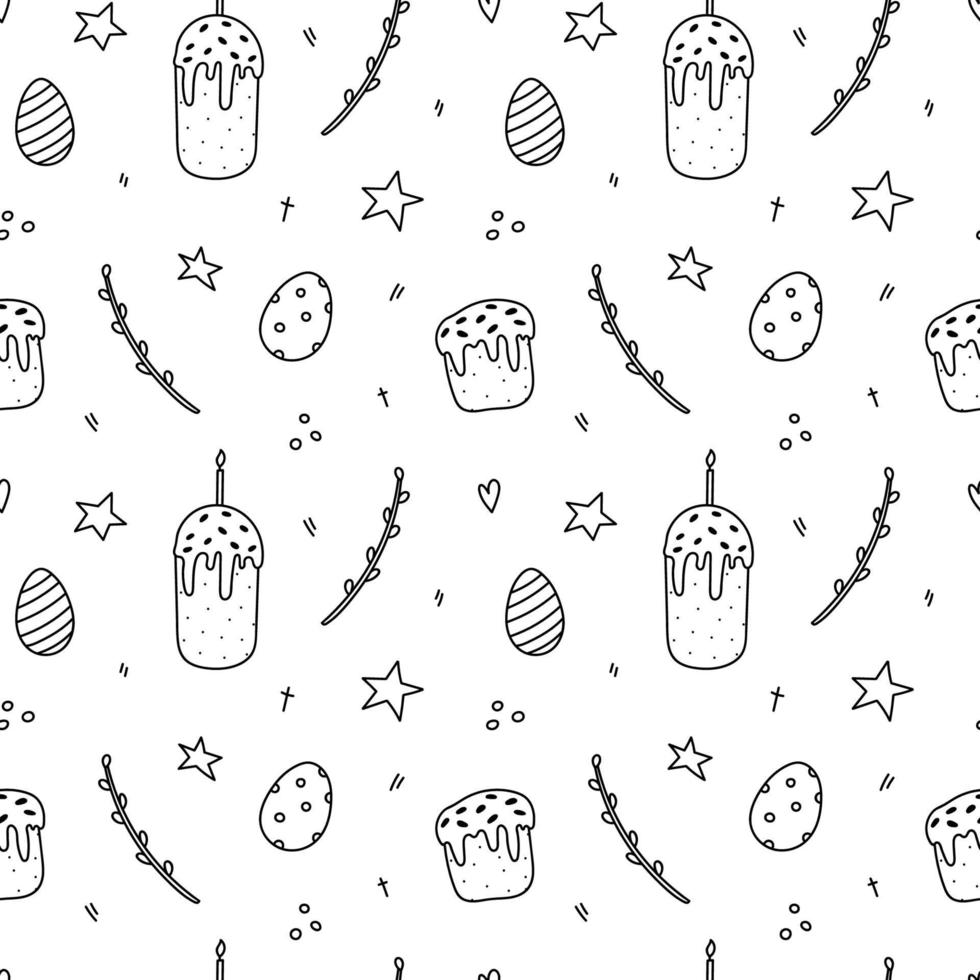 süßes ostern nahtloses muster. festliche osterkuchen und eier, sterne und weidenzweige. handgezeichnete Vektorgrafik im Doodle-Stil. Perfekt für Geschenkpapier, Verpackungen, Drucke, Dekoration. vektor