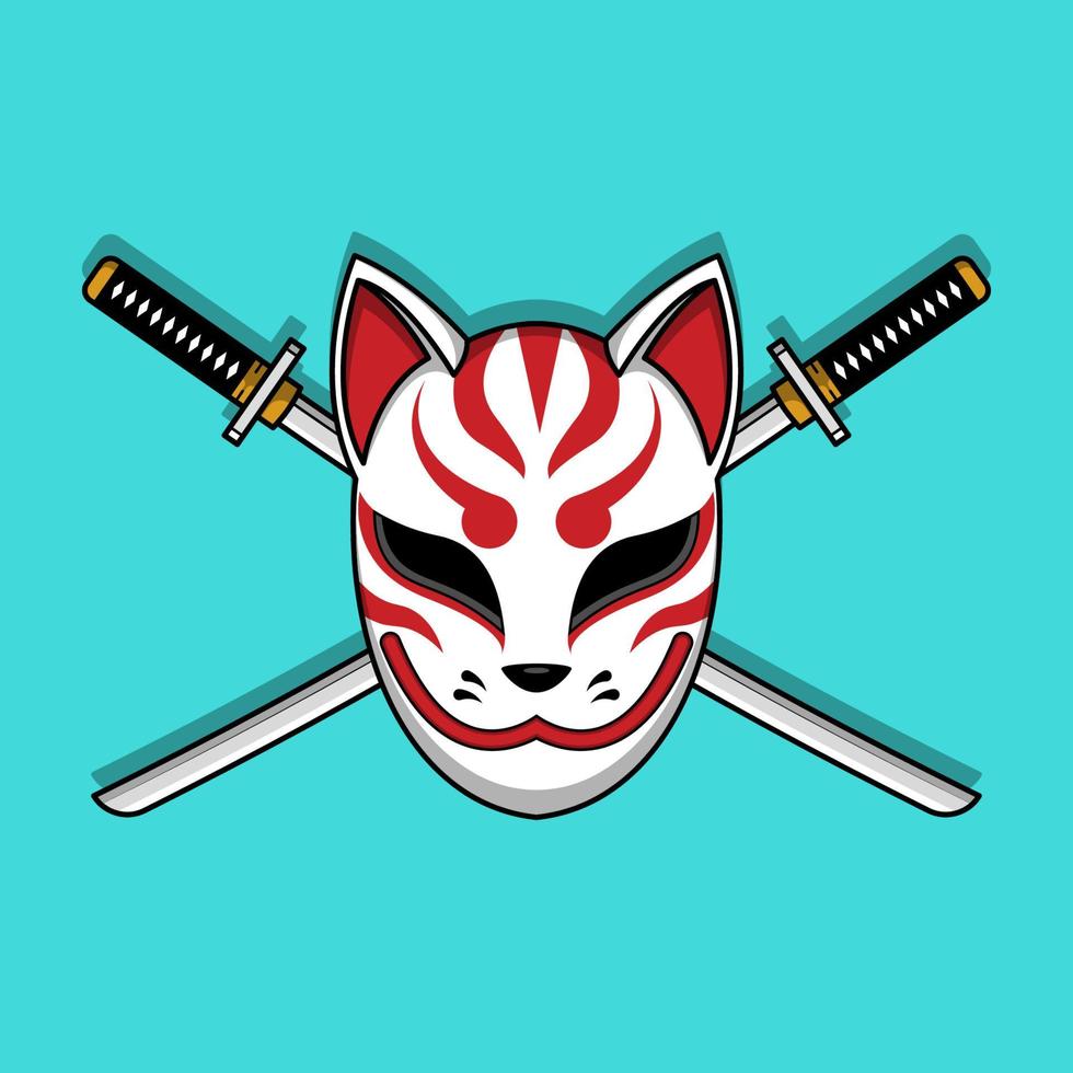 japansk kitsune mask med katana svärd, vektor illustration eps.10