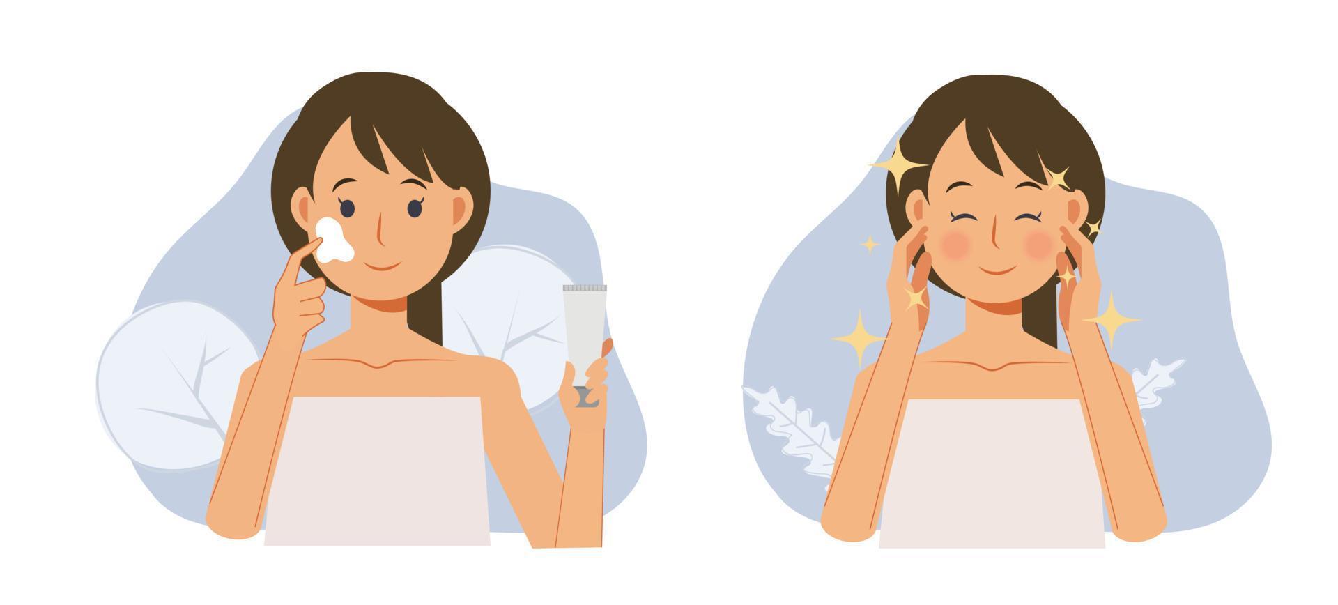 hudvård koncept. ansiktsbehandling. kvinna använder kräm i ansiktet, före after.flat vektorillustration vektor