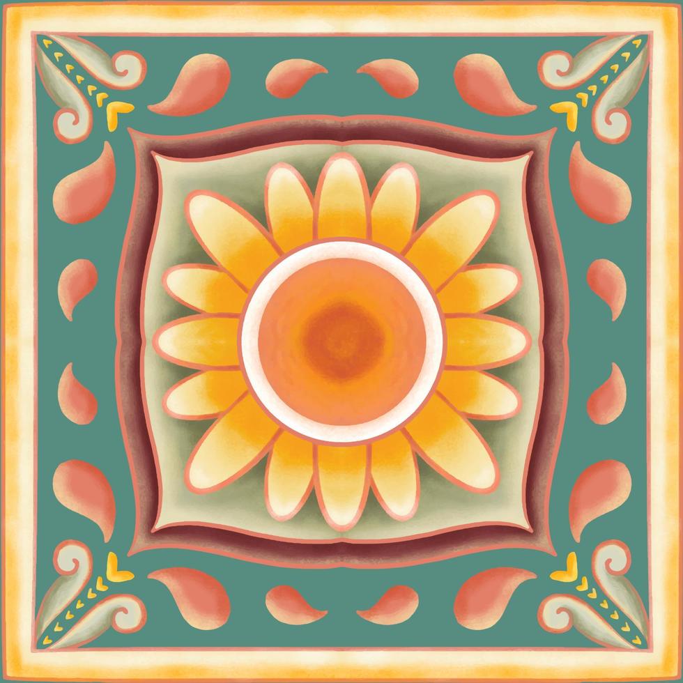 solros på grön halsduk sjal. geometriskt etniskt orientaliskt mönster traditionell design för bakgrund, matta, tapeter, kläder, omslag, batik, tyg, vektorillustration broderistil vektor