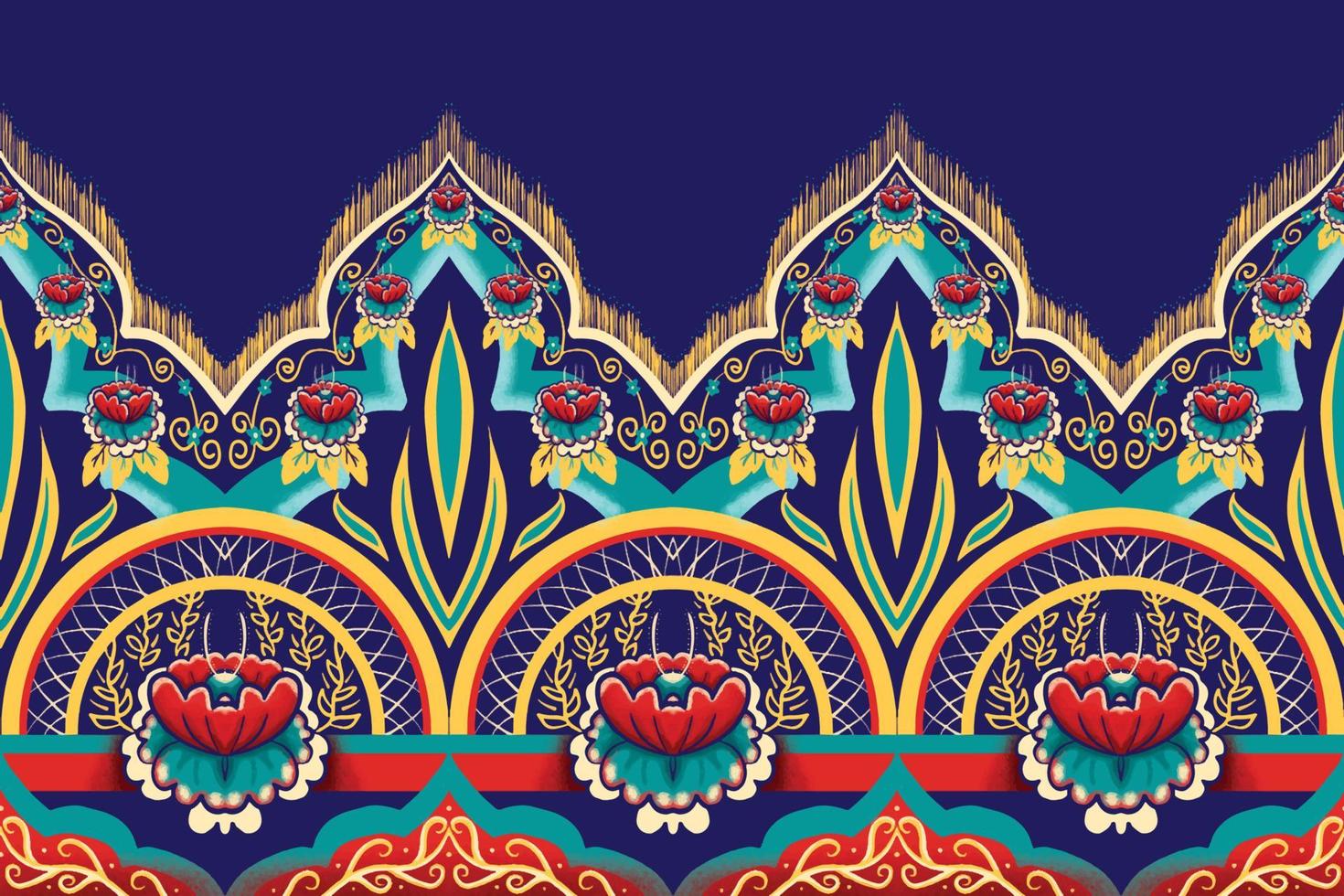 rote grüne Blume auf Marineblau. geometrisches ethnisches orientalisches Muster traditionelles Design für Hintergrund, Teppich, Tapete, Kleidung, Verpackung, Batik, Stoff, Vektorillustrationsstickereiart vektor
