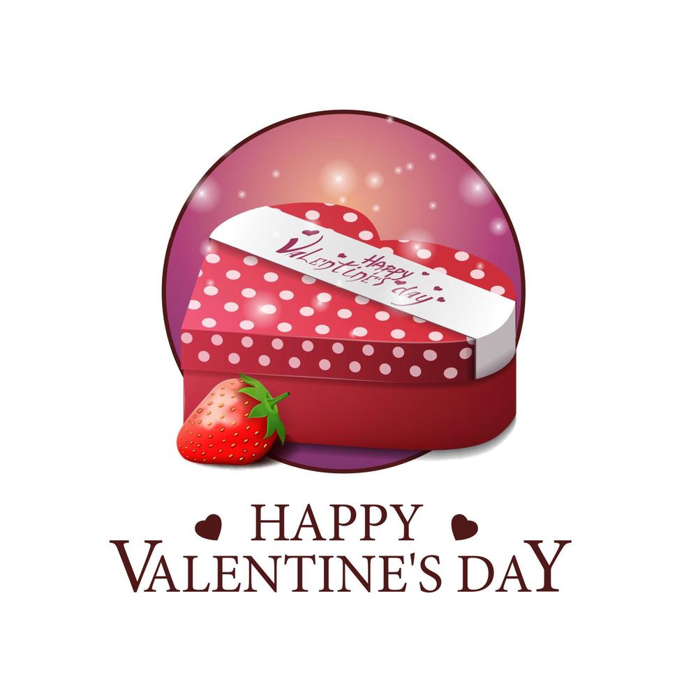 glad alla hjärtans dag, cirkelvykort med hjärtformad presentförpackning med jordgubbar vektor