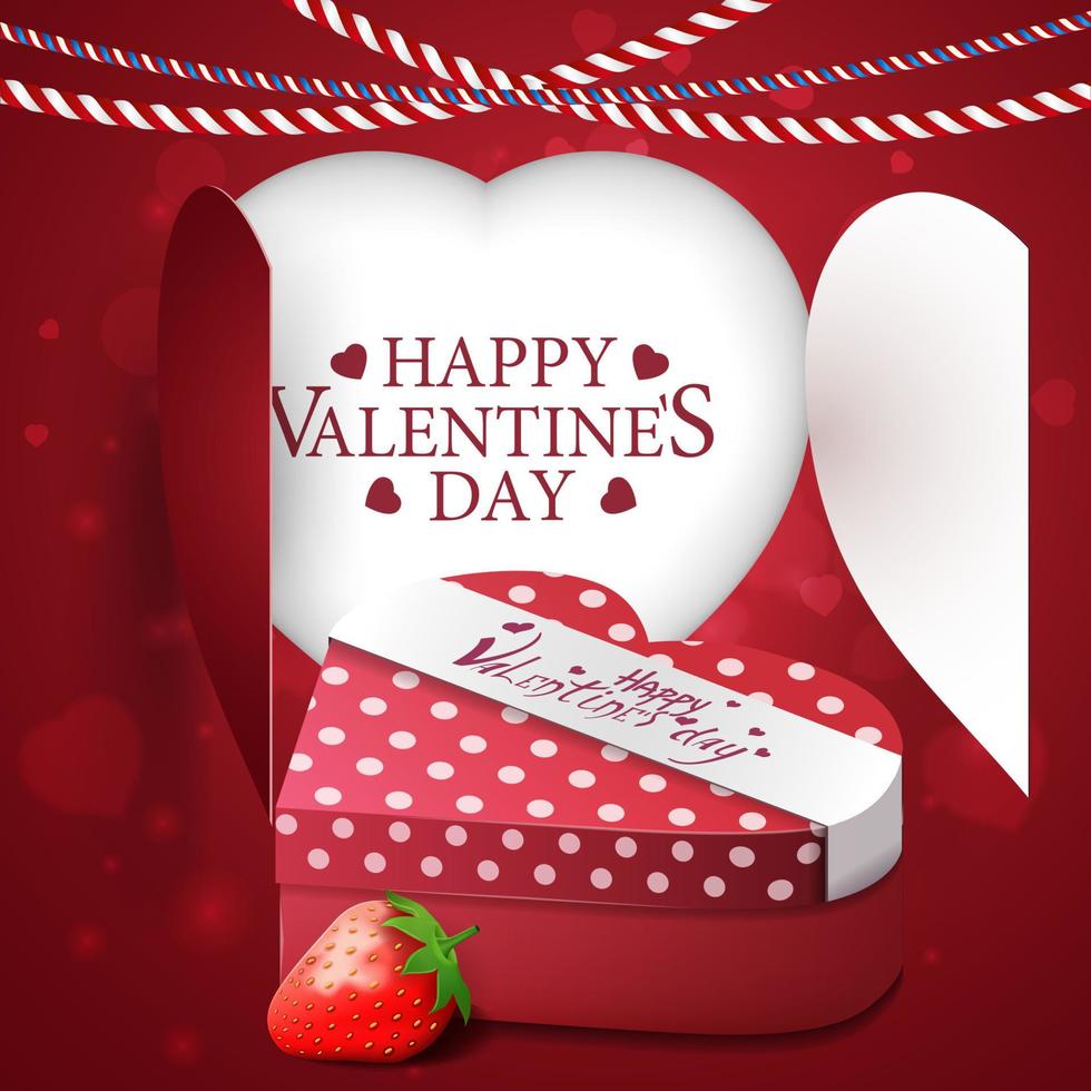 valentinstaggruß rote kartenvorlage mit herz, geschenk und erdbeere vektor