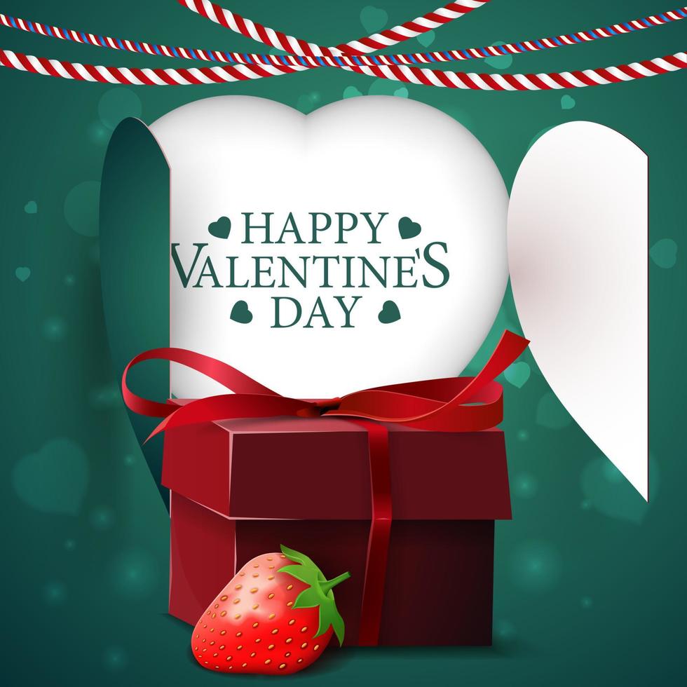 valentinstaggrußgrüne kartenvorlage mit herz, geschenk und erdbeere vektor