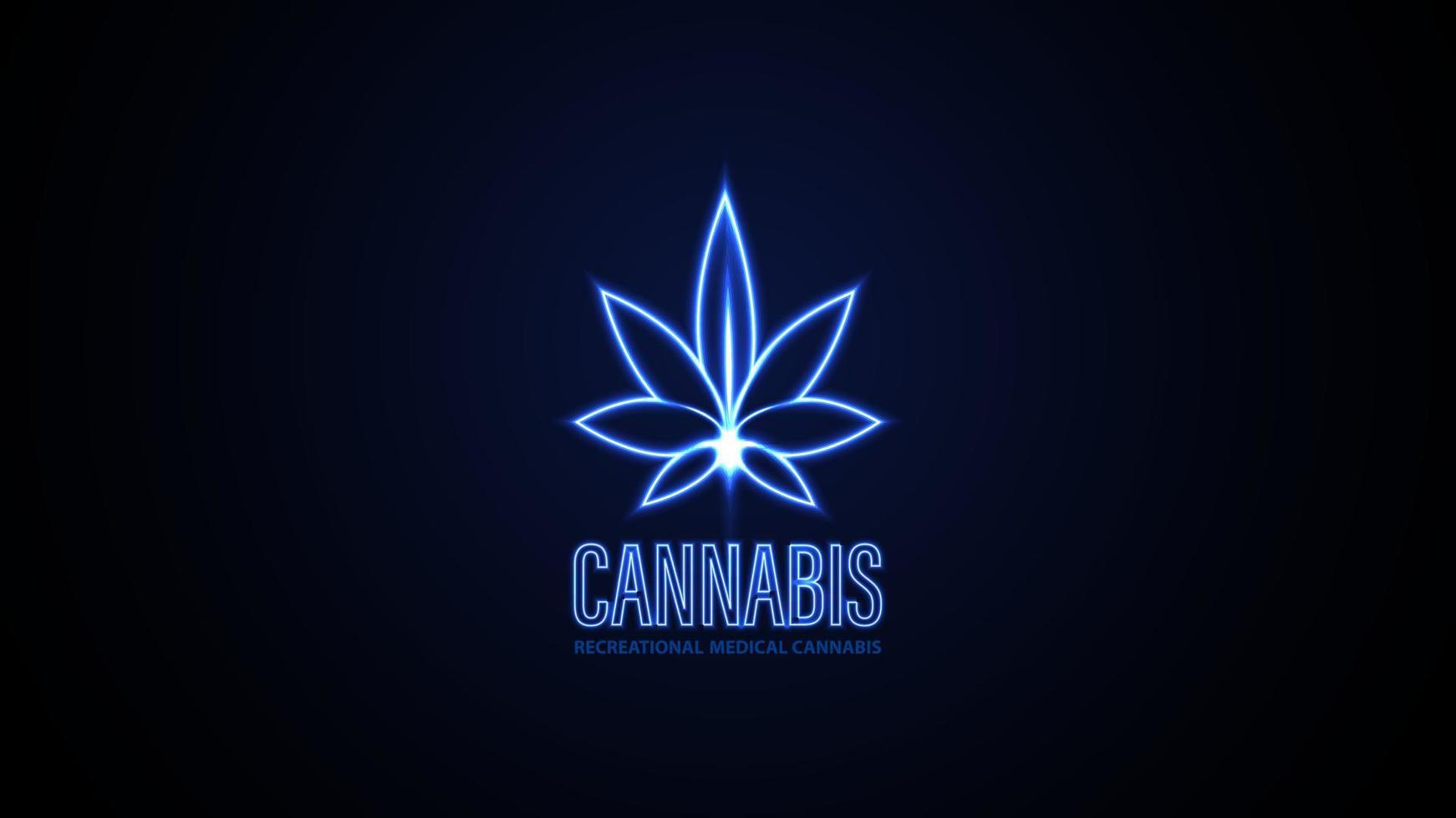 cannabis logotyp gjord av neon marijuana blad på blå bakgrund vektor