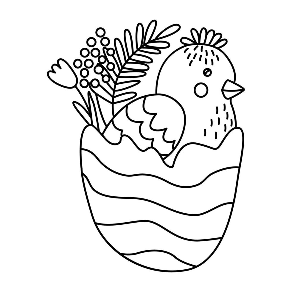 söt liten kyckling i ägg dekorerad med vårblommor. perfekt för påskhälsningskort, målarböcker. doodle handritad illustration svart kontur. vektor