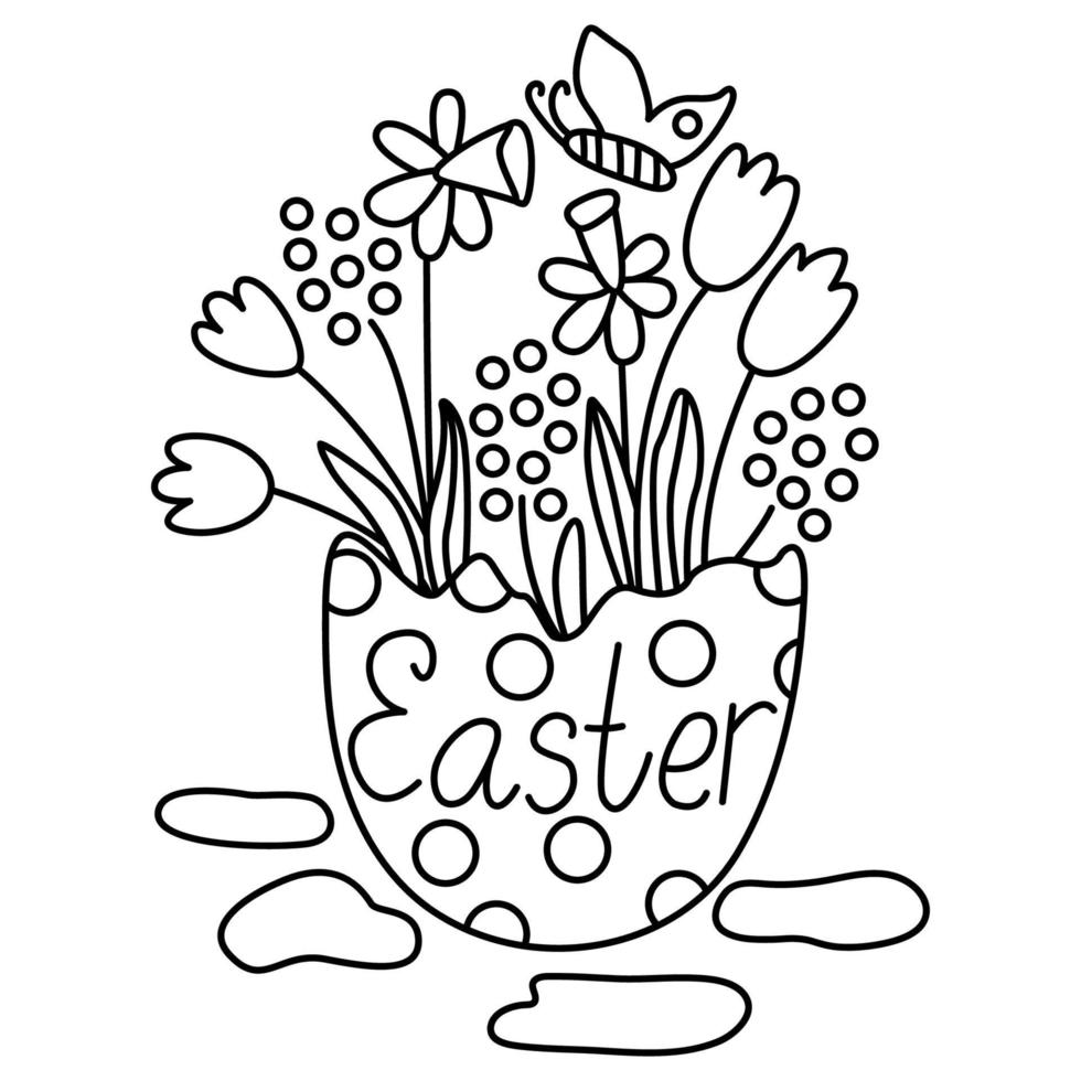 äggskal med vårblommor och fjäril. perfekt för påskhälsningskort, målarböcker. doodle handritad illustration svart kontur. vektor