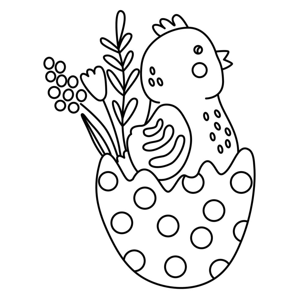 süßes kleines huhn im ei, dekoriert mit frühlingsblumen. ideal für ostergrußkarten, malbücher. gekritzel hand gezeichnete illustration schwarzer umriss. vektor