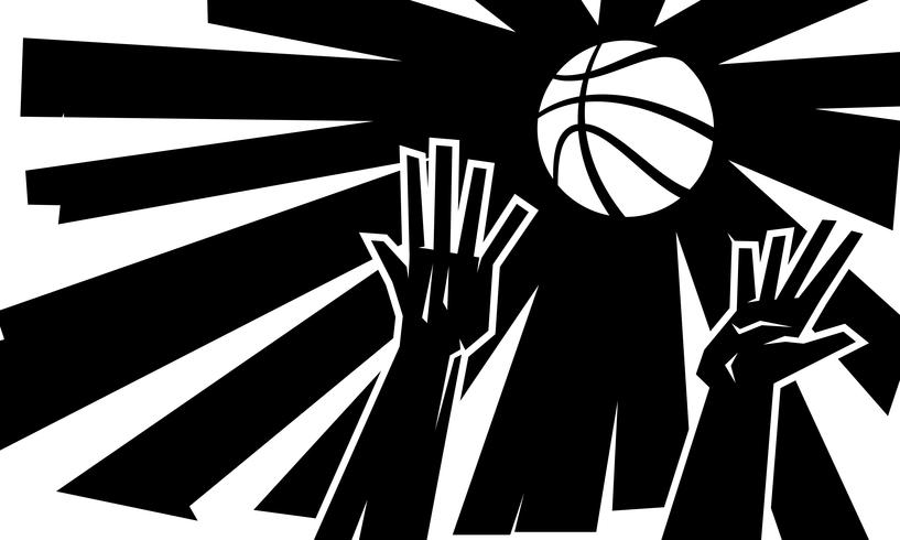 Vector Illustration der Hände von zwei Basketballspielern, die für einen Basketball erreichen