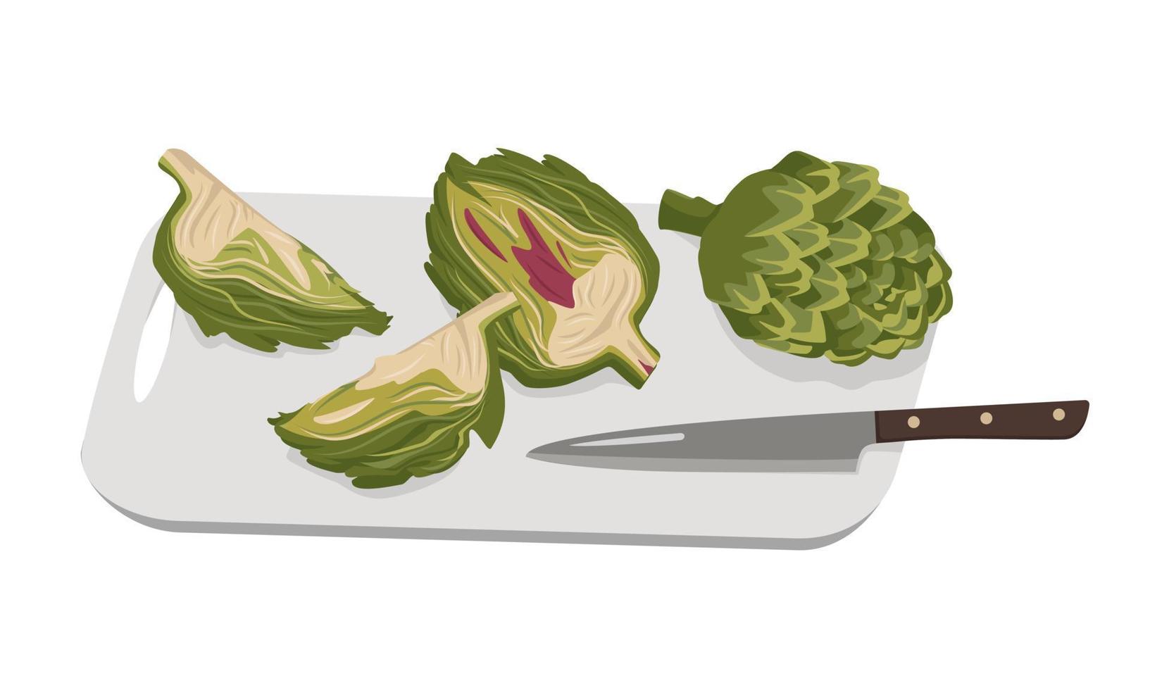 grön kronärtskocka skuren i bitar ombord och kniv. hela och delvis friska grönsaker och blad, skörd. utsökt mat till sallad och matlagning. platt vektor illustration