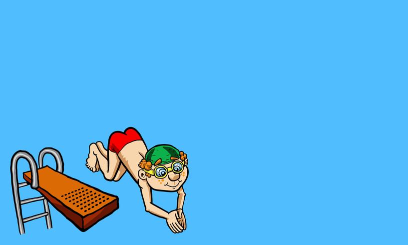 Vector Illustration eines glücklichen Kindes, das weg von einem Sprungbrett taucht.