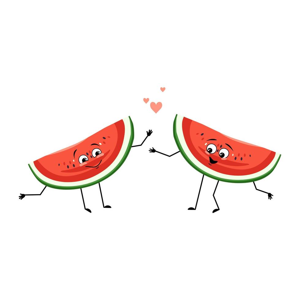 vattenmelon karaktär med kärlek känslor, leende ansikte, armar och ben. person med glada uttryck, frukt eller bär uttryckssymbol. platt vektor illustration