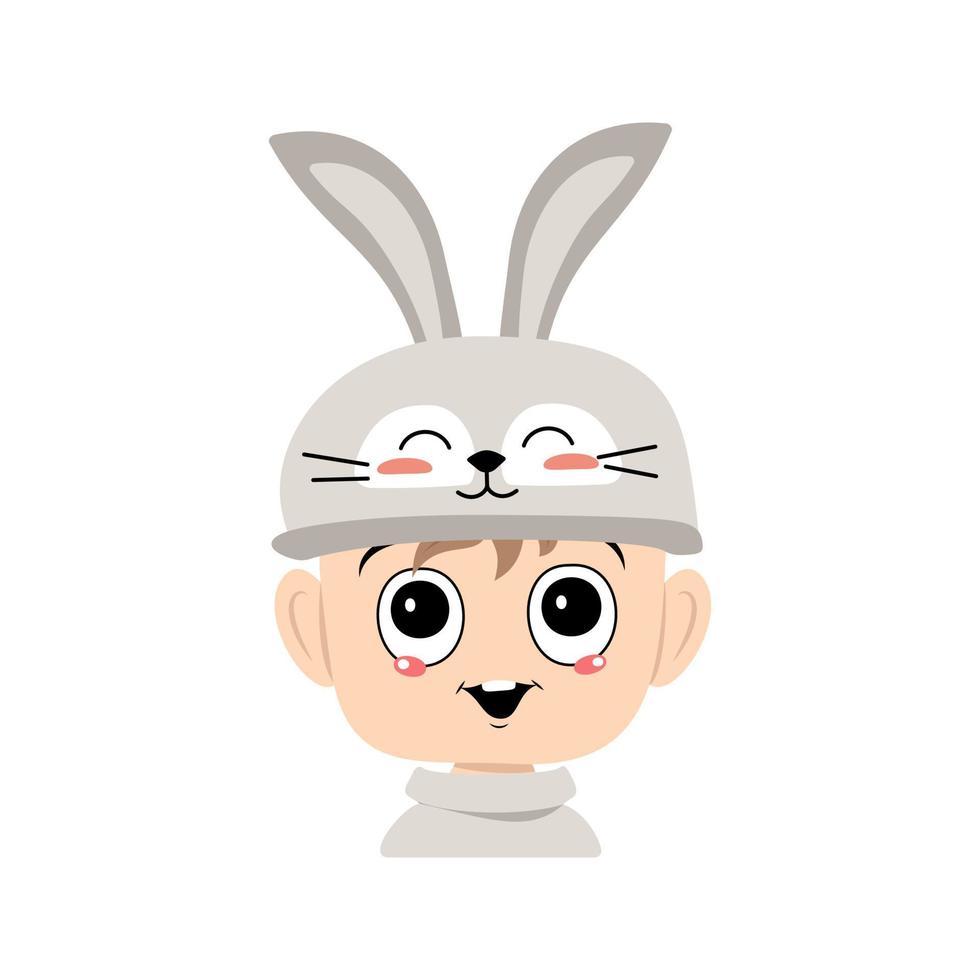 avatar av pojke med stora ögon och brett glada leende i söt kaninhatt med långa öron. huvudet av barn med glada ansikte för semester påsk, nyår eller karneval kostym för fest. platt vektor illustration