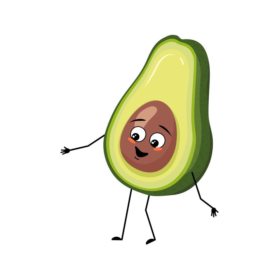 Avocado-Charakter mit fröhlichen Emotionen, fröhlichem Gesicht, lächelnden Augen, Armen und Beinen. person mit ausdruck, gemüse- oder obst-emoticon. flache vektorillustration vektor